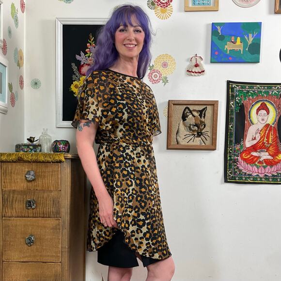 Vintage Leopard Print Dress, 1970s Punk Party Dress w Sheer Overlay, Sz S - Picture 2 of 10